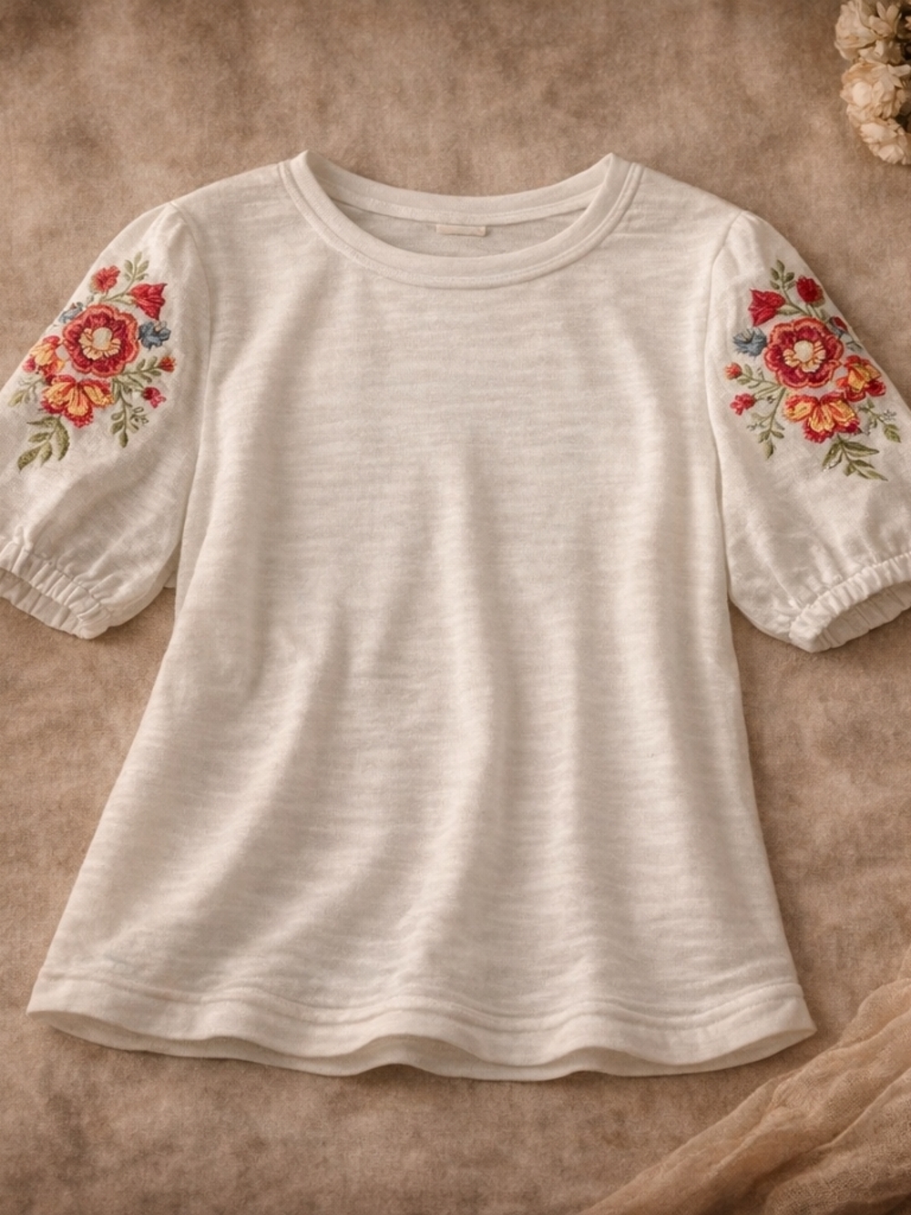 LOFT Cream Puff Sleeve Tee with Floral Embroidery
